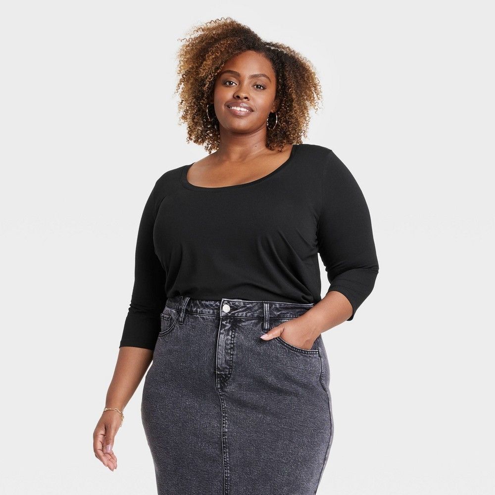 Women's Ava & Viv Relaxed Cotton Modal 3/4 Sleeve Tunic T-Shirt - Black - 3X